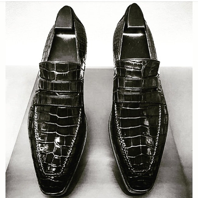 Handmade Men's Black Crocodile Embossed Leather Shoes