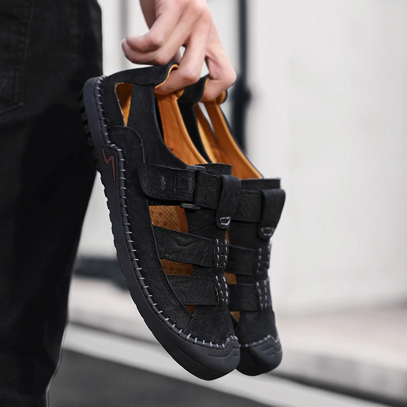 Men's Cow Leather Hook Loop Sandals