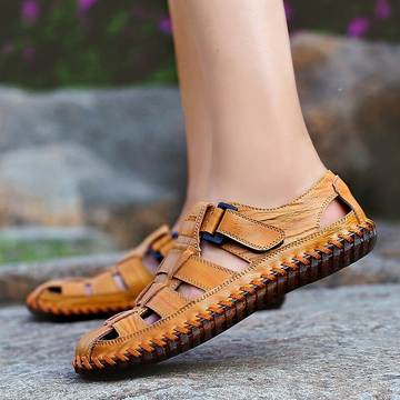 Men Cow Leather Hand Stitching Non Slip Large Size Soft Sole Sandals