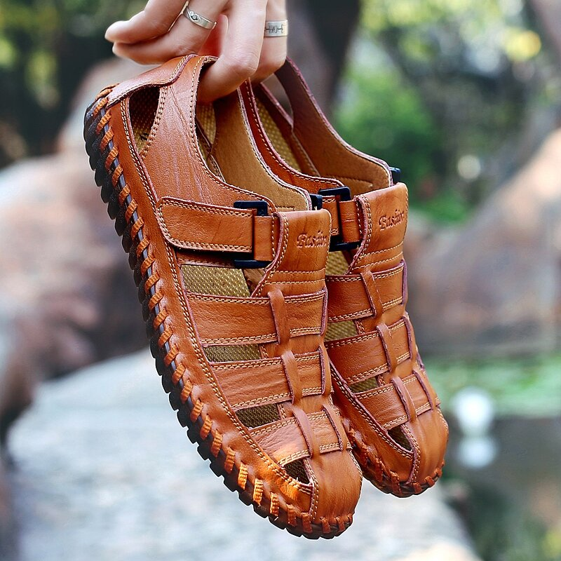 Men Cow Leather Hand Stitching Non Slip Large Size Soft Sole Sandals
