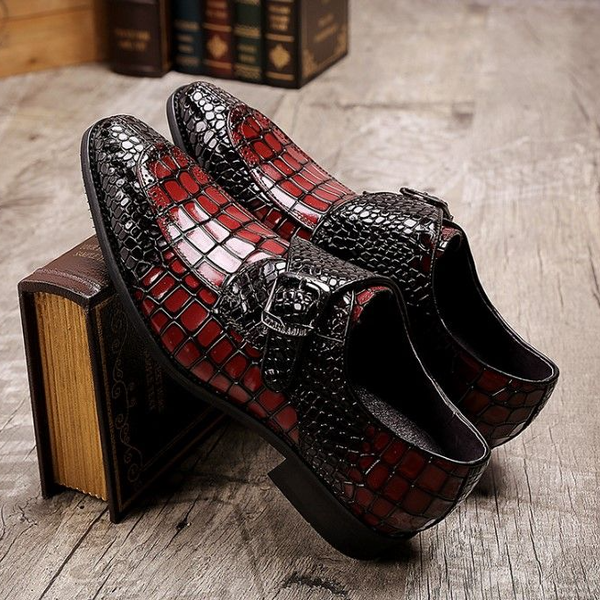 Red Classic Crocodile Single Buckle Monk Shoes
