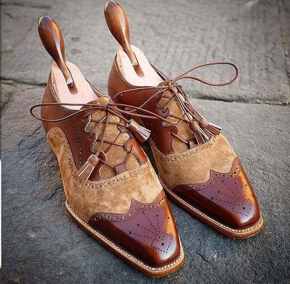 Handmade Western Dress Shoes, Mens Leather And Suede Tan Shoes