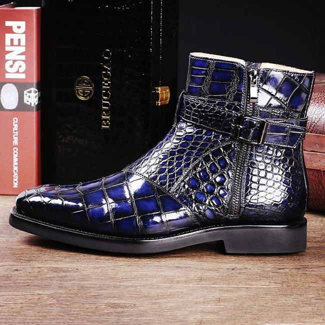 Men's Crocodile Pattern Belt Buckle Boots