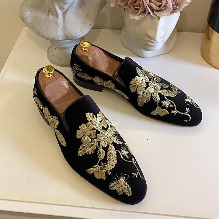 Golden Black Embroidery Men's Luxury Loafers