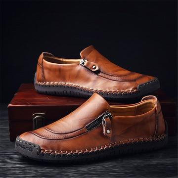 Men Comfy Hand Stitching Genuine Leather Side Zipper Slip On Casual sh
