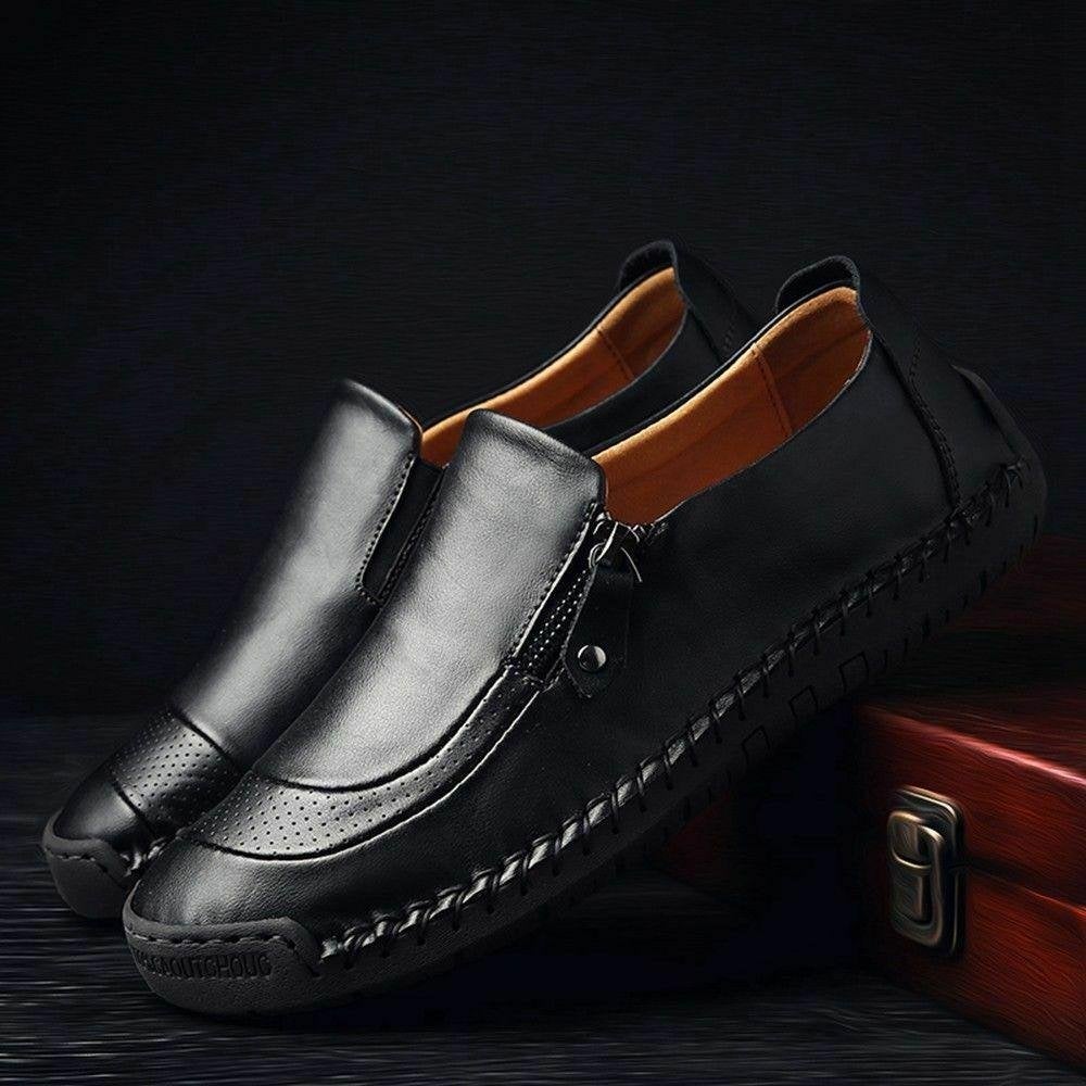 Men Comfy Hand Stitching Genuine Leather Side Zipper Slip On Casual sh