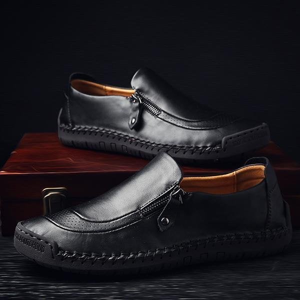 Men Comfy Hand Stitching Genuine Leather Side Zipper Slip On Casual sh