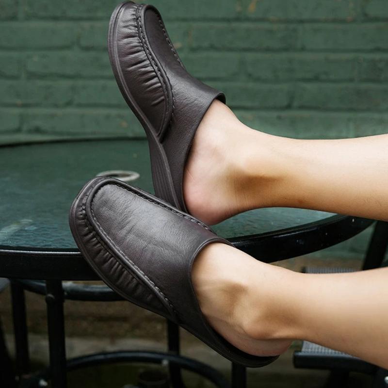 Large Size Men Comfy Backless Slippers Casual Leather Sandals