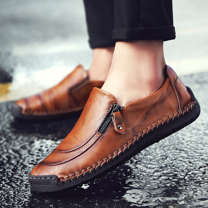 Men Comfy Hand Stitching Genuine Leather Side Zipper Slip On Casual sh