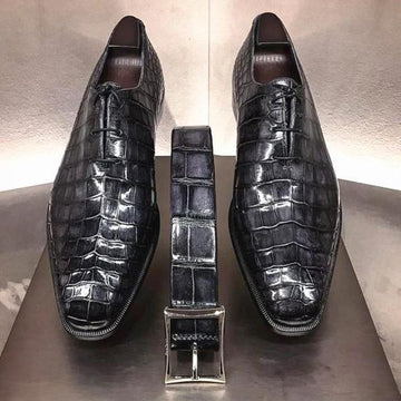 Black Crocodile Alligator Splicing Derby Dress Shoes