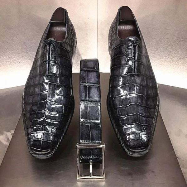 Black Crocodile Alligator Splicing Derby Dress Shoes