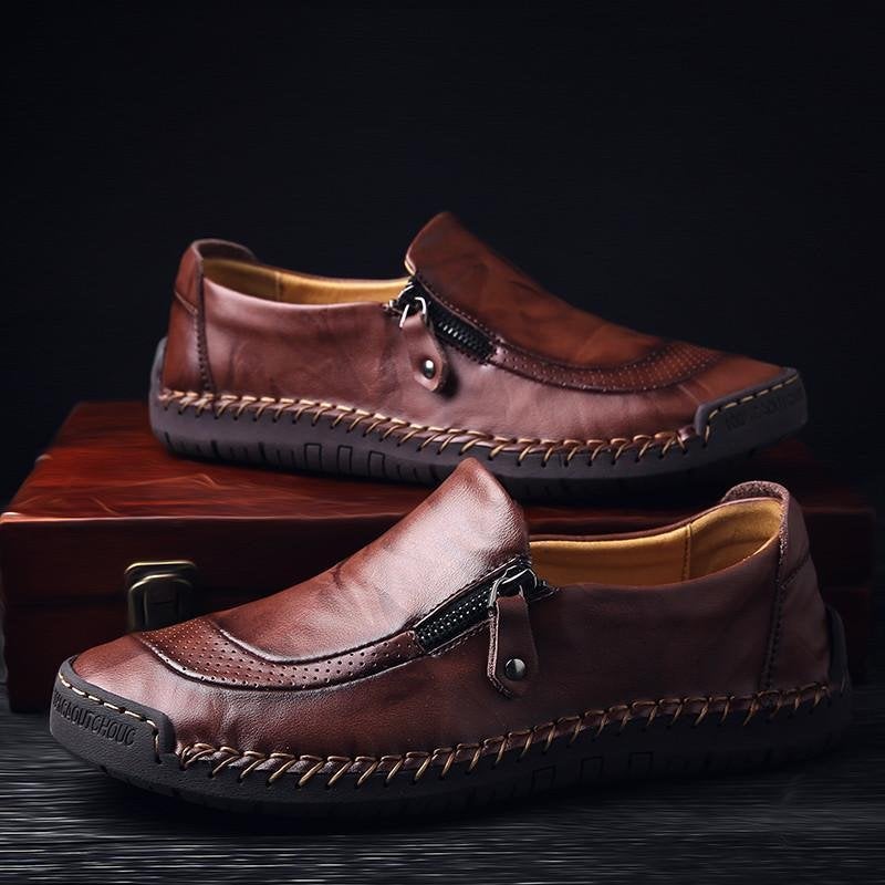 Men Comfy Hand Stitching Genuine Leather Side Zipper Slip On Casual sh