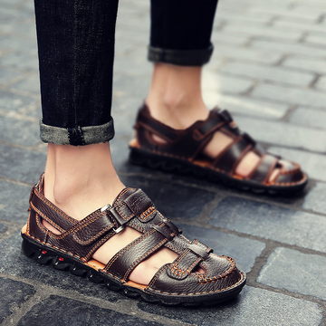 Men Genuine Leather Hand Stitching Non Slip Casual Sandals