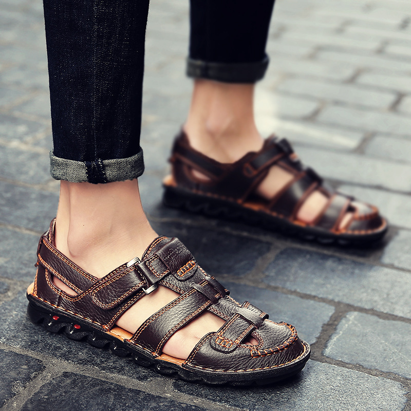 Men Genuine Leather Hand Stitching Non Slip Casual Sandals