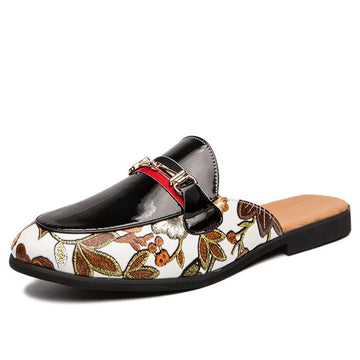 Men's Hawaiian Style Metal Buckle Printed Leather Half Loafers