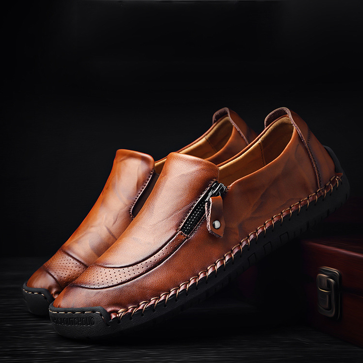 Men Comfy Hand Stitching Genuine Leather Side Zipper Slip On Casual sh