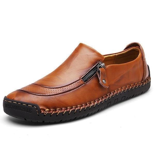Men Comfy Hand Stitching Genuine Leather Side Zipper Slip On Casual sh