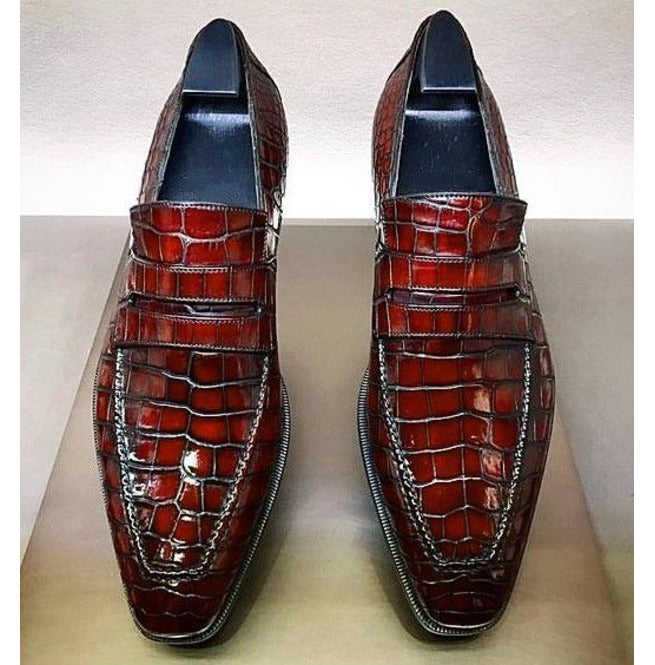 Handmade Men's Black Crocodile Embossed Leather Shoes