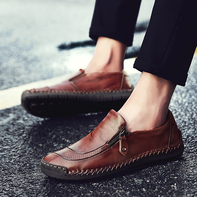 Men Comfy Hand Stitching Genuine Leather Side Zipper Slip On Casual sh