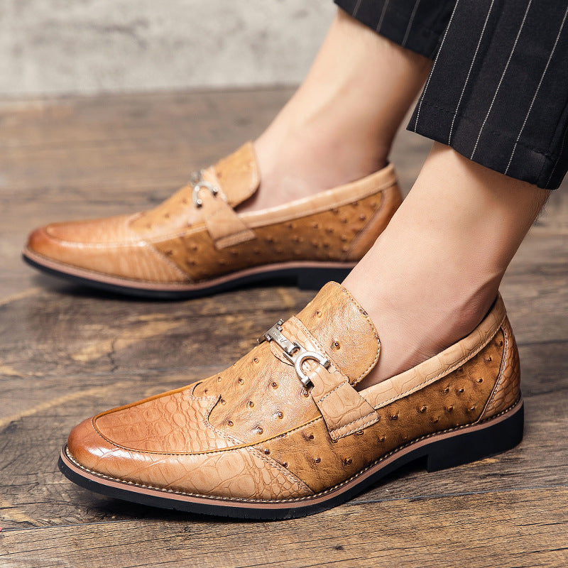 Mens Loafer Shoes Coffee Brown Slip-On Metal PU Leather Shoes