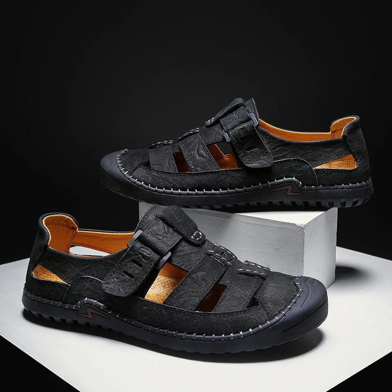 Men's Cow Leather Hook Loop Sandals