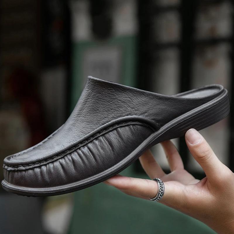 Large Size Men Comfy Backless Slippers Casual Leather Sandals
