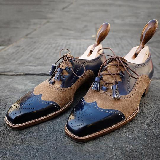 Handmade Western Dress Shoes, Mens Leather And Suede Tan Shoes