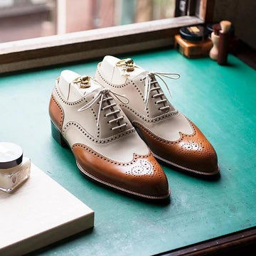 Handmade White And Tan Shoes, Men Dress Business Shoes