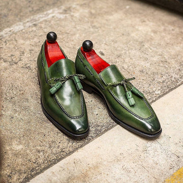Handmade Green Color Men Tassel Loafer Leather Shoes