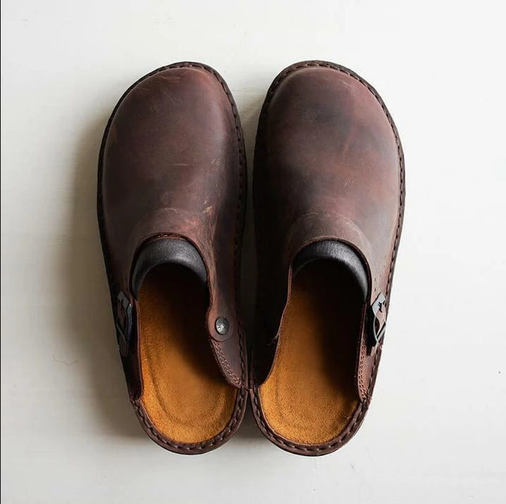Men Indoor Outdoor Buckle Leather Slippers
