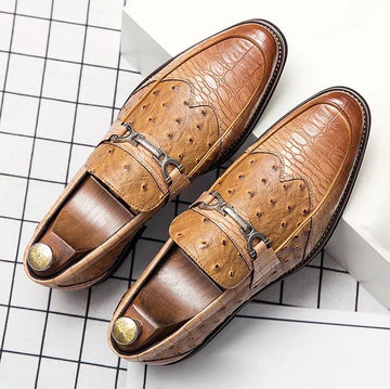 Mens Loafer Shoes Coffee Brown Slip-On Metal PU Leather Shoes