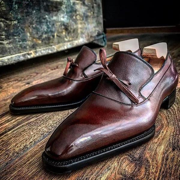 Handmade Men's Leather Bowknot Slip-On Loafers