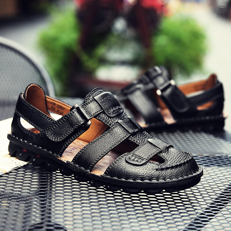 Men Genuine Leather Hand Stitching Non Slip Casual Sandals