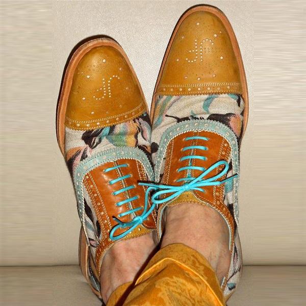 Yellow Flower Print Design Lace Up Men's Broque Dress Shoes