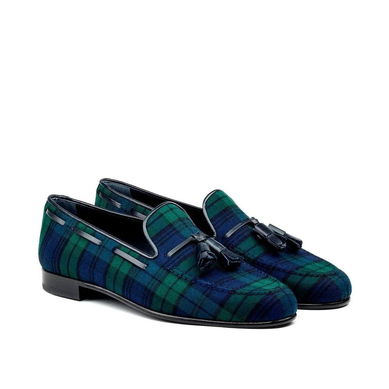 Blue And Green Check Pattern Tassel Slipon Loafers