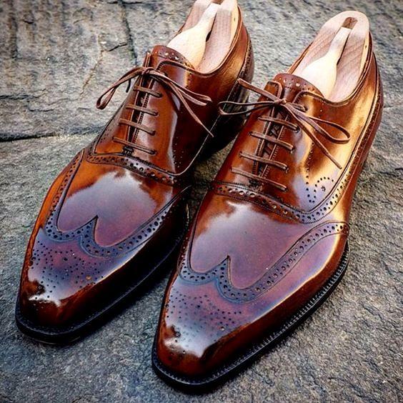 Men's Handmade Wing Tip Brogue Brown Leather Shoes