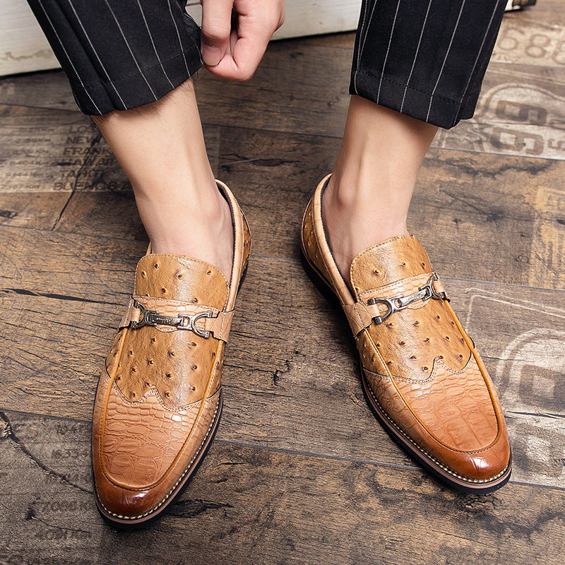Mens Loafer Shoes Coffee Brown Slip-On Metal PU Leather Shoes