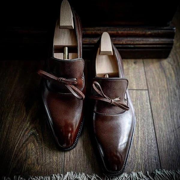 Handmade Men's Leather Bowknot Slip-On Loafers