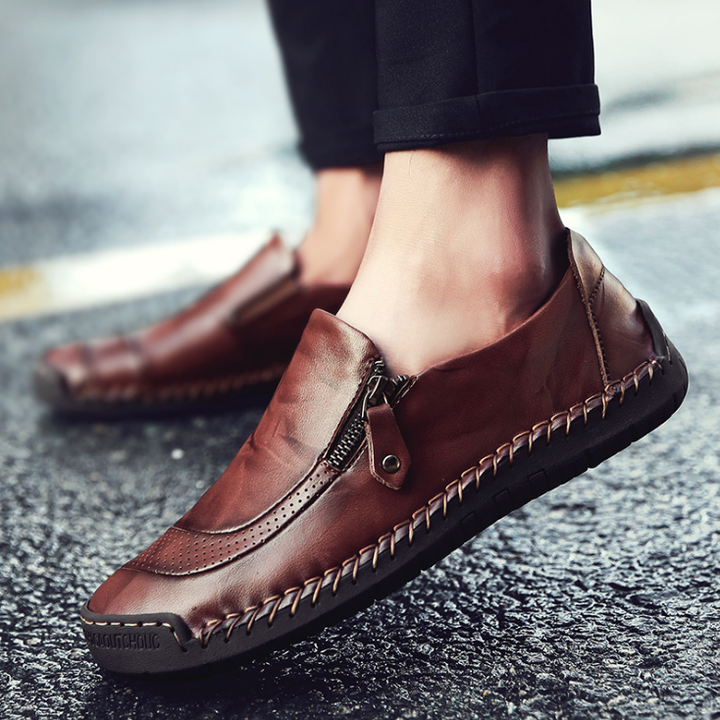 Men Comfy Hand Stitching Genuine Leather Side Zipper Slip On Casual sh