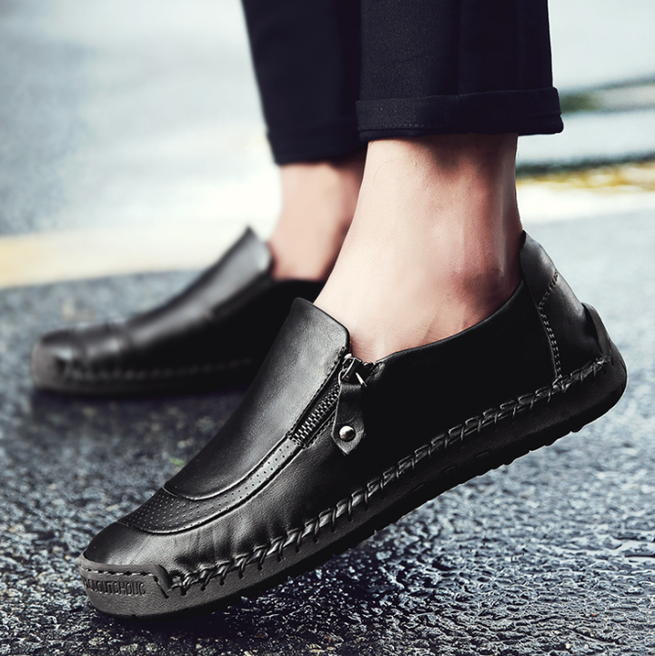 Men Comfy Hand Stitching Genuine Leather Side Zipper Slip On Casual sh