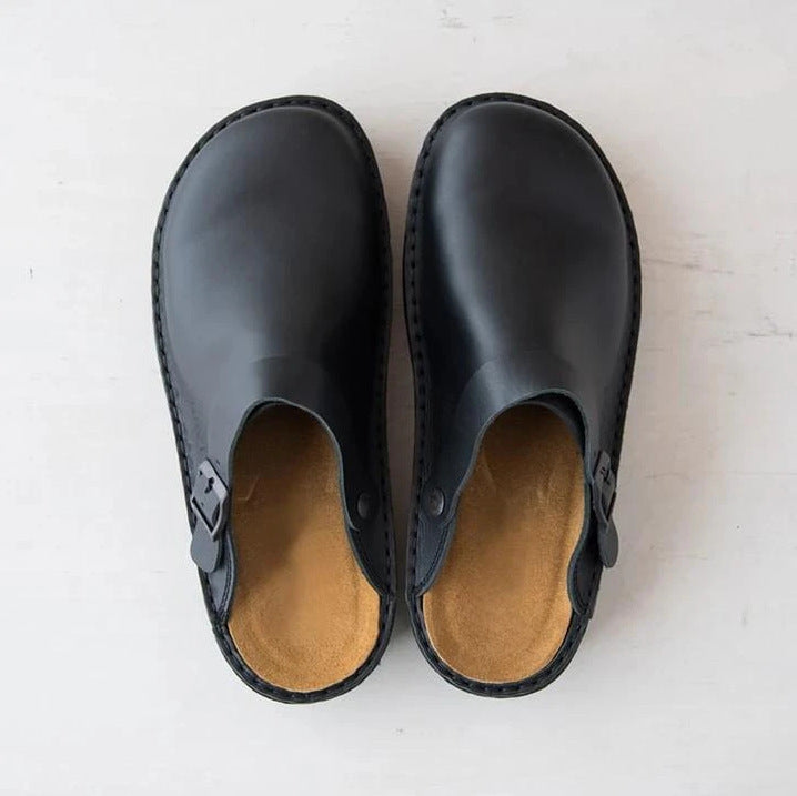 Men Indoor Outdoor Buckle Leather Slippers