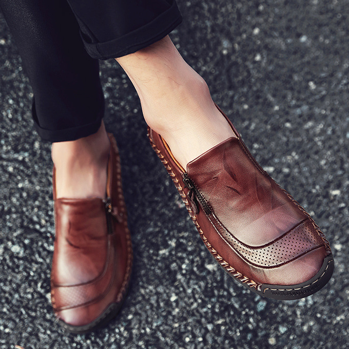 Men Comfy Hand Stitching Genuine Leather Side Zipper Slip On Casual sh