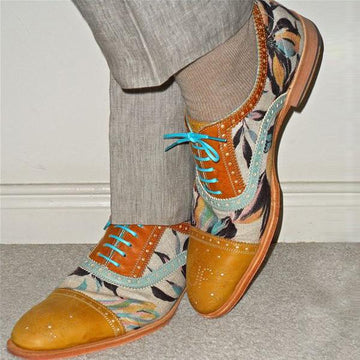 Yellow Flower Print Design Lace Up Men's Broque Dress Shoes