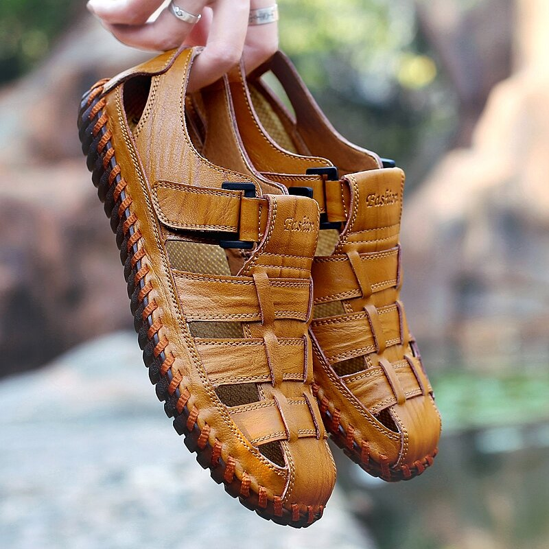 Men Cow Leather Hand Stitching Non Slip Large Size Soft Sole Sandals